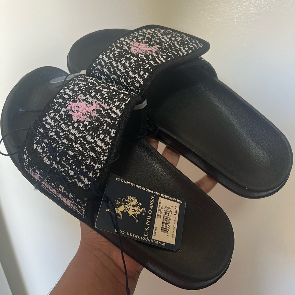 U.S. Polo Assn. Black White Pink Logo Slides Sandals NWT Size 5 XS